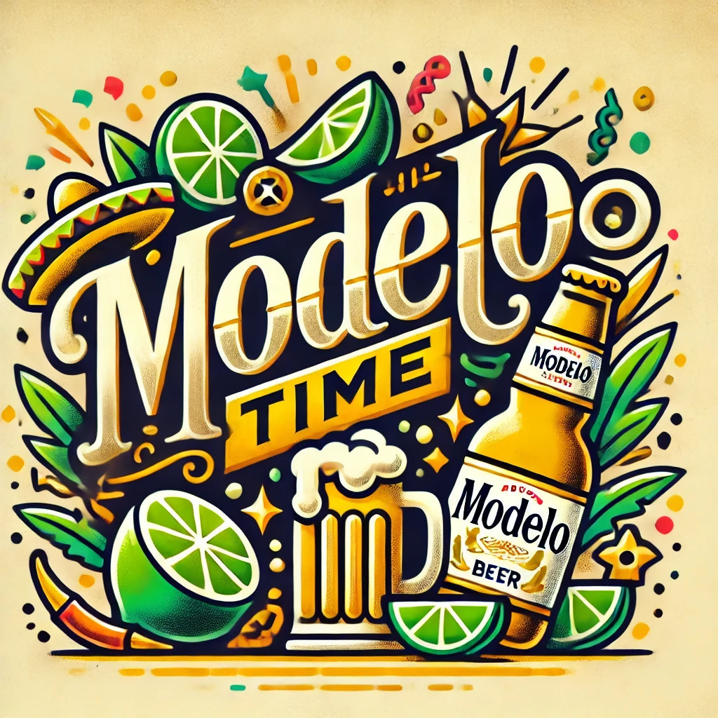 DALL·E 2024-11-16 21.13.32 - A vibrant logo featuring the phrase 'Modelo Time' in a bold, stylish font, surrounded by playful elements like lime wedges, beer bottles, and festive