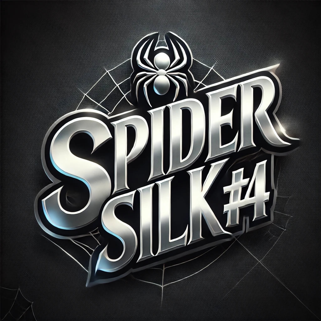 DALL·E 2024-11-16 21.16.16 - A dynamic logo design featuring the phrase 'Spider Silk #4' in a sleek, web-inspired font. The background has a dark, textured theme with a subtle spi
