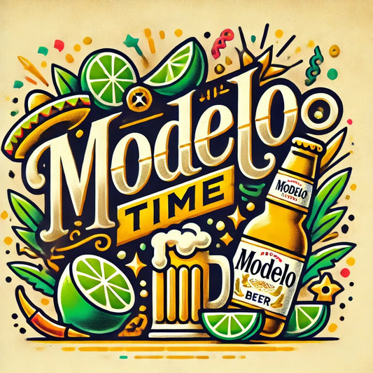 DALL·E 2024-11-16 21.13.32 - A vibrant logo featuring the phrase 'Modelo Time' in a bold, stylish font, surrounded by playful elements like lime wedges, beer bottles, and festive 